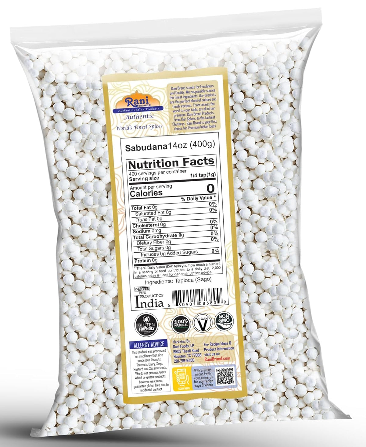 Rani Sabudana (Tapioca/Sago) Pearls 14oz (400g) ~ All Natural | Vegan | No Colors | NON-GMO | Indian Origin