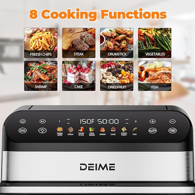 DEIME Dual Zone Air Fryer 10.6 QT Double 1800W Large Capacity Oven Air Fryers Healthy Cooker with 8 Preset, Large AirFryer for Families Visual Cooking Window, Non-Stick Basket, Included Recipe