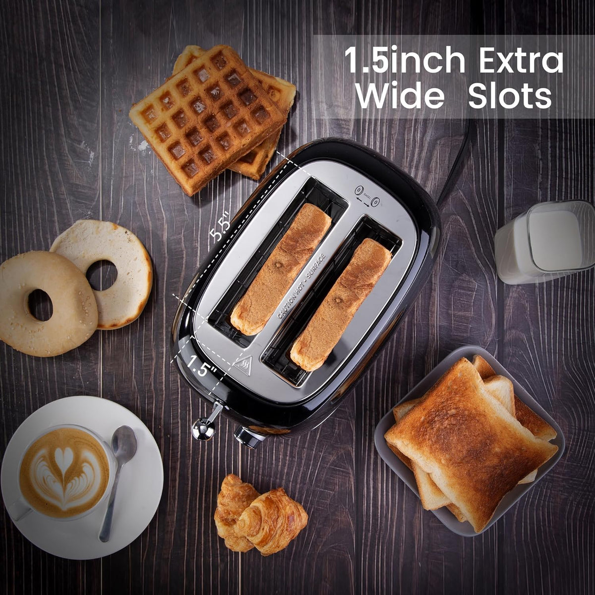 2 Slice Toaster Retro Stainless Steel with Bagel, Cancel, and Defrost Functions, 6 Bread Shade Settings, Extra Wide Slots and Removable Crumb Tray, Black