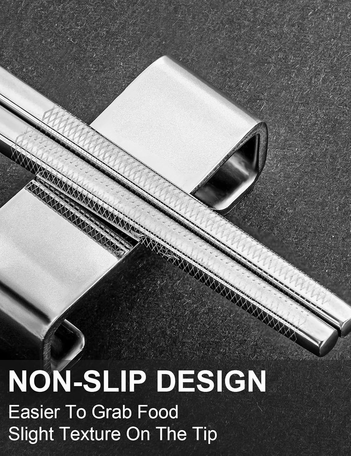 Metal Reusable Chopsticks 2 Pairs Titanium Plated Stainless Steel Chopsticks with Holder, Dishwasher Safe Non-Slip Japanese Style Chop Sticks Present Set (Black Silver)