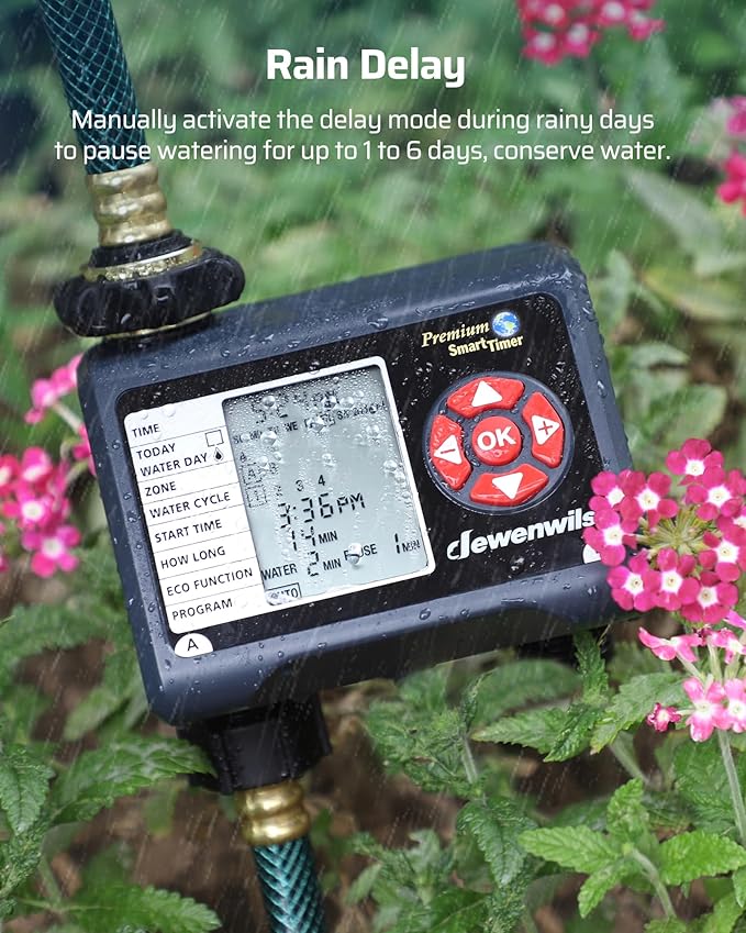 DEWENWILS Sprinkler Timer 2 Zone, Water Timer for Garden Hose, Programmable Hose Timer Faucet Watering with Automatic/Rain Delay/Manual Mode, Outdoor Irrigation Controller for Lawn, Yard