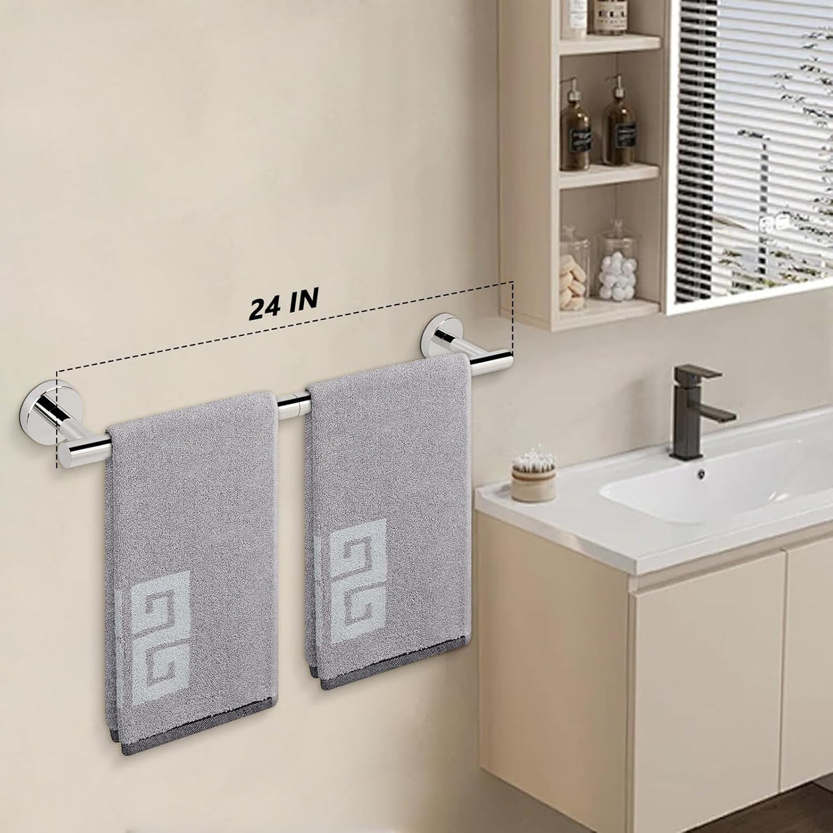 NearMoon Bathroom Towel Bar, Bath Accessories Thicken Stainless Steel Shower Towel Rack for Bathroom, Towel Holder Wall Mounted (1 Pack, Chrome Finish, 24 Inch)