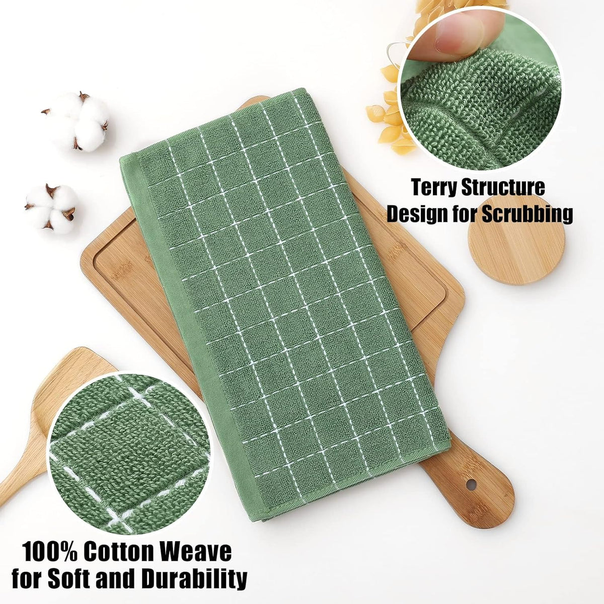 Homaxy 100% Cotton Terry Kitchen Dish Cloths, Ultra Soft and Absorbent Dish Towels for Kitchen, Suitable for Drying and Washing Dishes, 8 Pack, 12 x 12 Inches, Grass Green