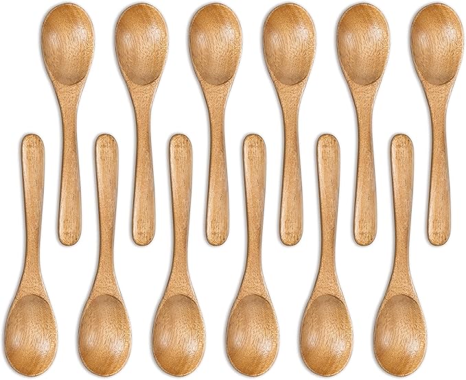INTAJ 12 PCS Small Wooden Spoons, 5 Inch Honey Spoons for Tea, Hardwood Wooden Honey Teaspoon for Coffee, Little Tiny Wood Spoons, Bamboo Table Spoon for stirring, Wooden Spoons for Utensils Set