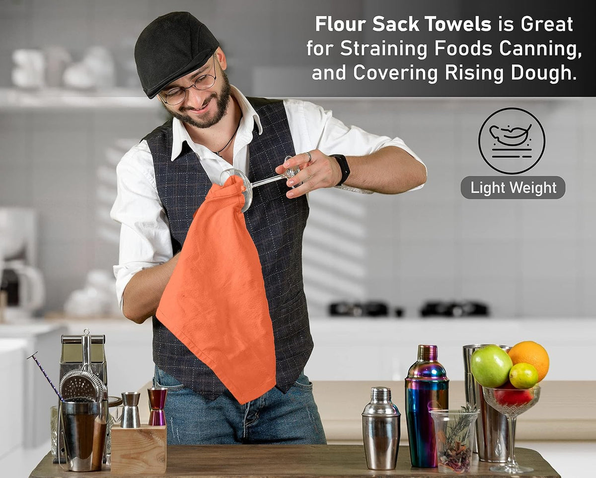 RUVANTI Flour Sack Towels 4 Pack 28x28 Inch, 100% Cotton Tea Towel, Reusable, Machine Washable, Absorbent BarTowels - Dish Cloth Perfect for Drying Dishes & Cleaning - Orange
