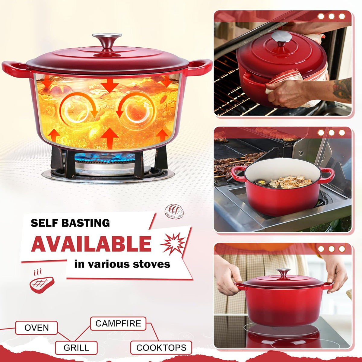 Small 3 Quart Dutch Oven, HaSteeL Round Cast Iron Cooking Pot with Lid, Nonstick Enameled Cookware for Sourdough Bread Baking Roasting Stewing Braising Frying, Heavy Duty & Oven Safe 500℉, Red