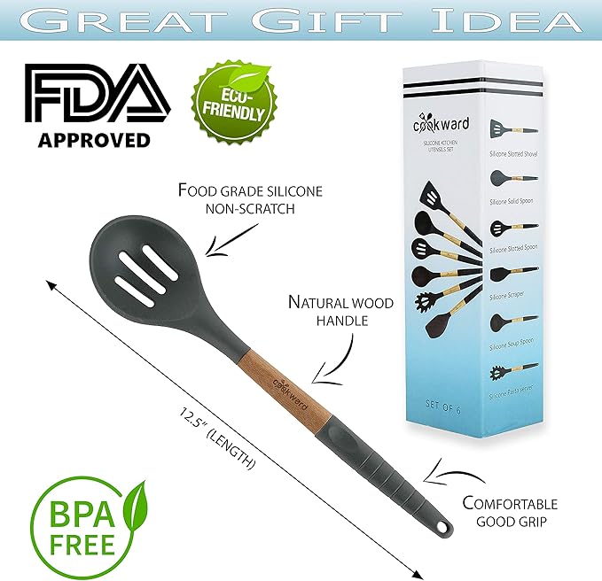 6 Pcs Cookward Silicone Cooking Utensils Set-Natural Wood Kitchen Utensils – Eco Friendly & BPA Free, Non-Scratch & Non-Stick Easy Grip -Dark gray
