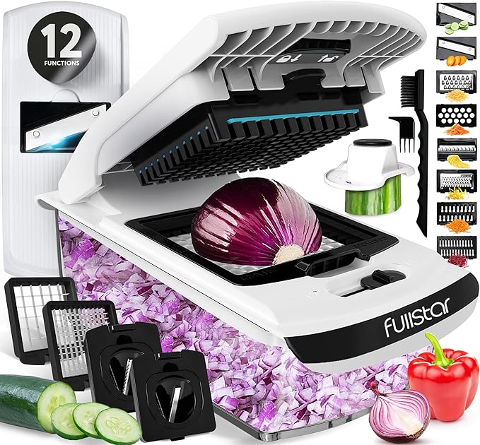 Fullstar Mandoline Slicer for Kitchen - Vegetable Chopper, Onion Potato Food Veggie Fruit Slicer and Cutter with Container, Kitchen Gadgets & Gifts, Home Essentials (All-in-1, White/Black)