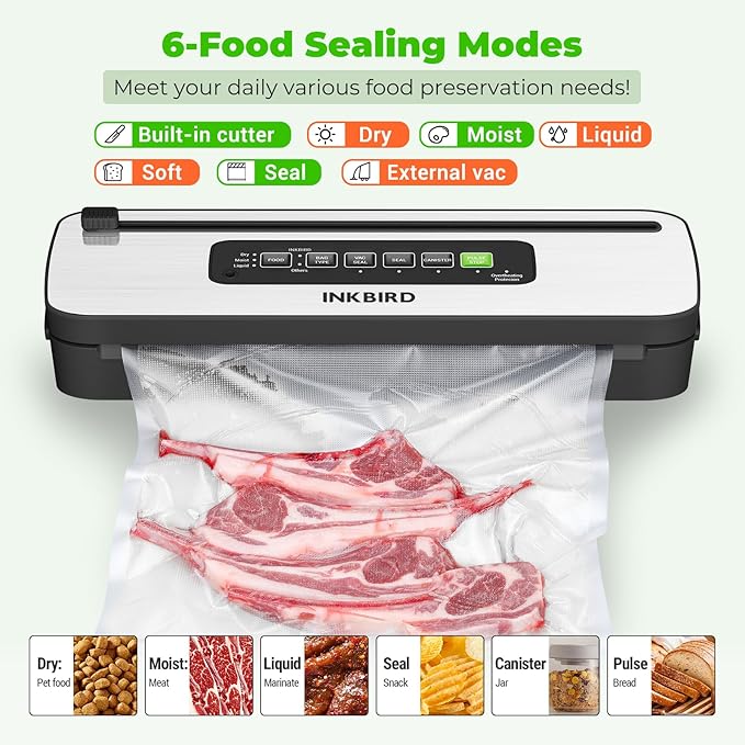 Vacuum Sealer Machine, INKBIRD Powerful 130W High Power with Liquid/Moist/Dry 6-Food Modes, Compact Food Preservation System with Cutter, Full Start Kit with Pre-cut Bags*10 (8''*11.8''), EXT-VAC