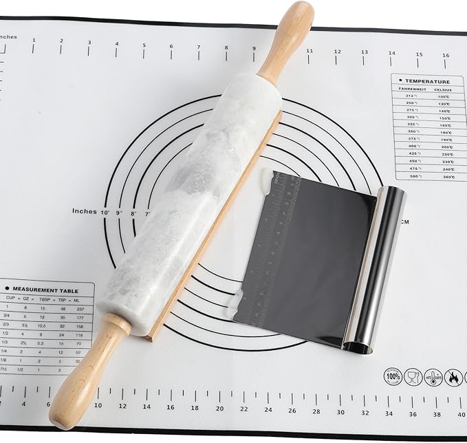 Koville African Natural Marble Rolling Pin, Non-Stick Polished Dough Roller, Pasta, Dumpling, Fondant, Pie Crust, Bread, Pizza Dough, Kitchen Baking Pastry Tools with Mat/Scraper(Grigio Fantasy)