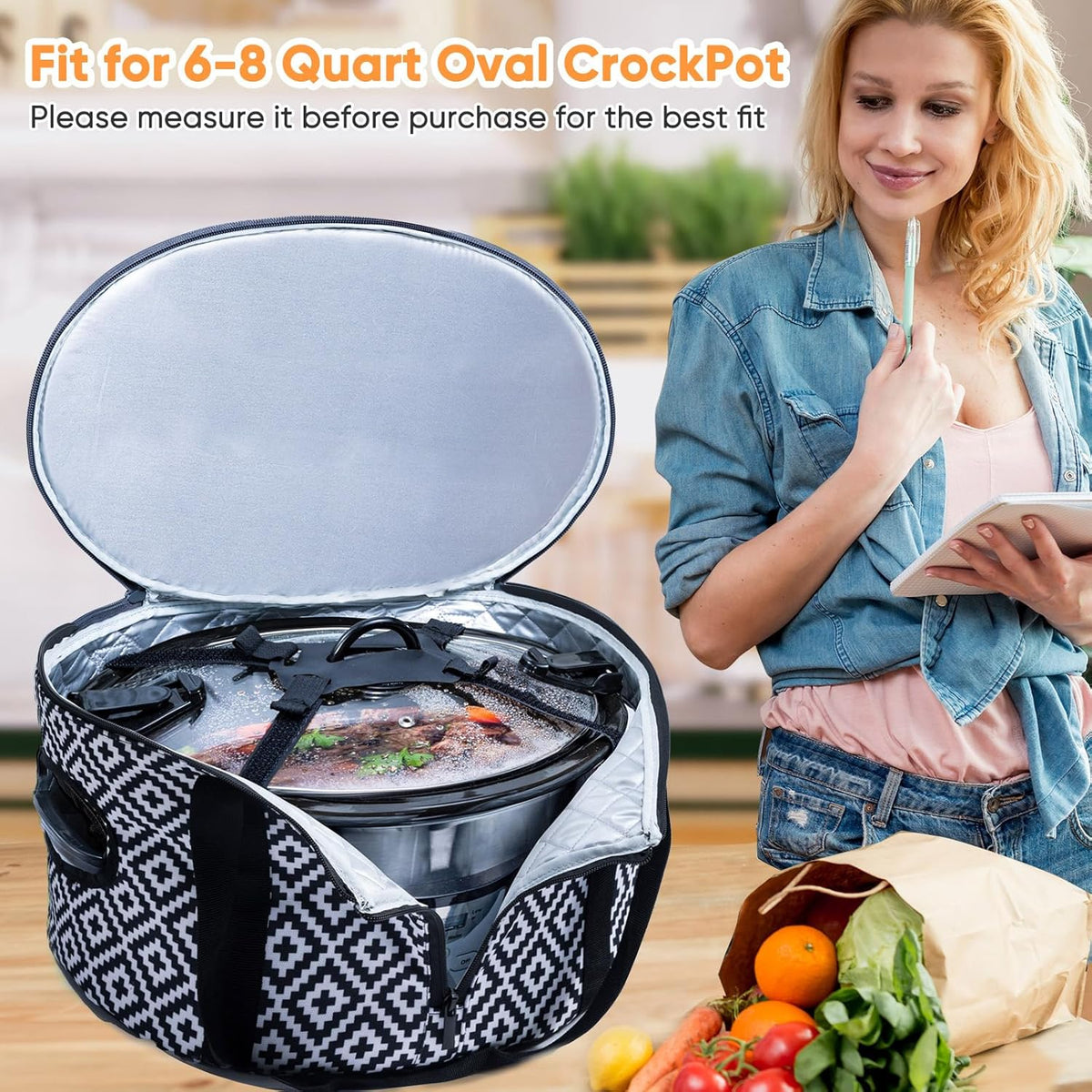BAGSPRITE Double-layer Slow Cooker Carrying Case Compatible with 6-8 Quart Crockpot Carrier for Hot Food and Hamlton Beach Slow Cooker Tote with Lid Fastener for Crock-pot Dust Cover Applicances