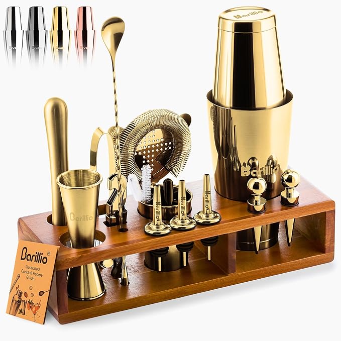 Barillio Gold Bartender Kit – 23-Piece Stainless-Steel Cocktail Shaker Set with Premium Acacia Stand | Martini Barware Mixing Tools for Home Bartending | Gift Set