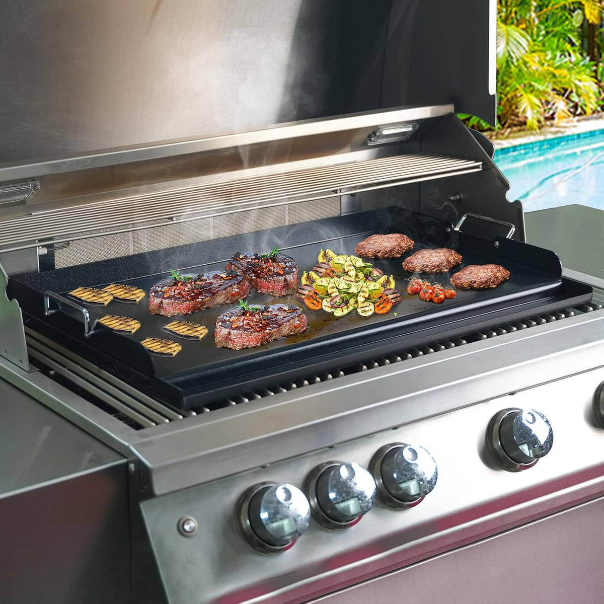 Skyflame 23"x16" Universal Grill Flat Top Griddle, Ceramic Coating Nonstick BBQ Cooking Griddle with Handles and Grease Groove, Fit for Gas/Charcoal Grills