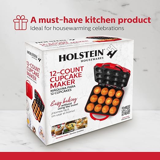 Holstein Housewares Non-Stick 12-Count Electric Cupcake Maker Machine – Bakes 12 Cupcakes, Muffins, Pizza Cups, Cinnamon Buns – Perfect for Gifts, Birthdays, Holidays, or Bake Sales, Red