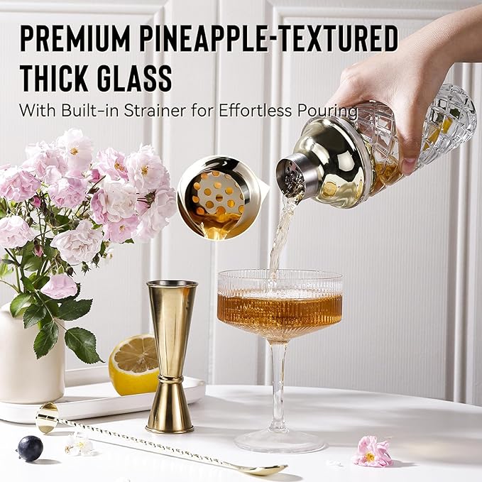 Glass Cocktail Shaker Set with Built-in Strainer – 16oz Thickened Pineapple Glass Gold Shaker Set, Gold Jigger & Bar Spoon with Muddler for Home Bar/Trolley Décor/Margaritas/Martinis
