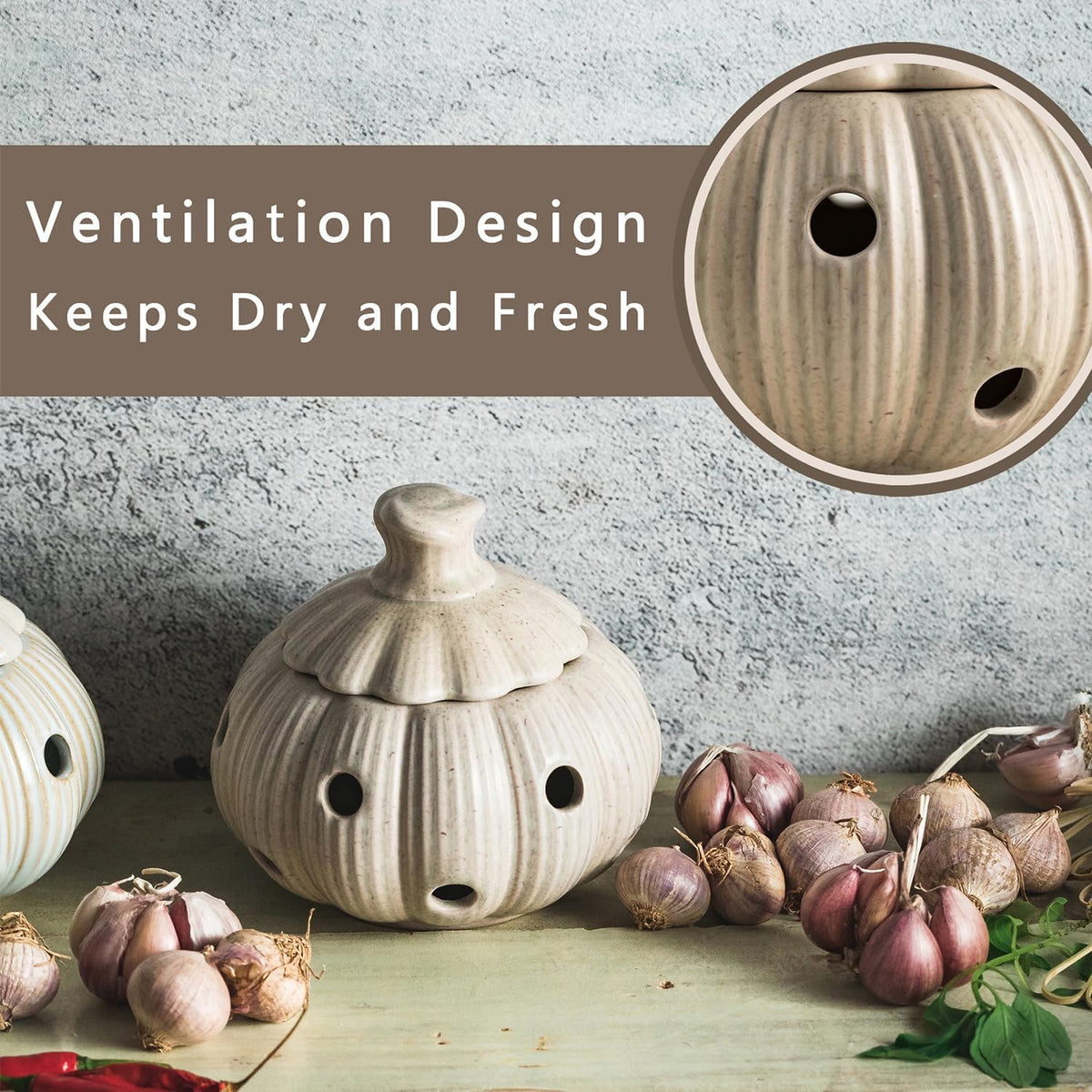 Garlic Storage Pod Ceramic Garlic Keeper with Lid Large Garlic Container for Counter, White
