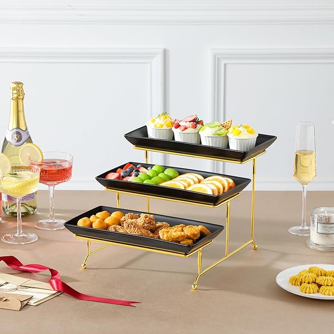 MALACASA 3 Tier Serving Trays for Party, 12 Inch Porcelain Black Trays for Serving Food, Dessert Stand with Collapsible Gold Metal Rack