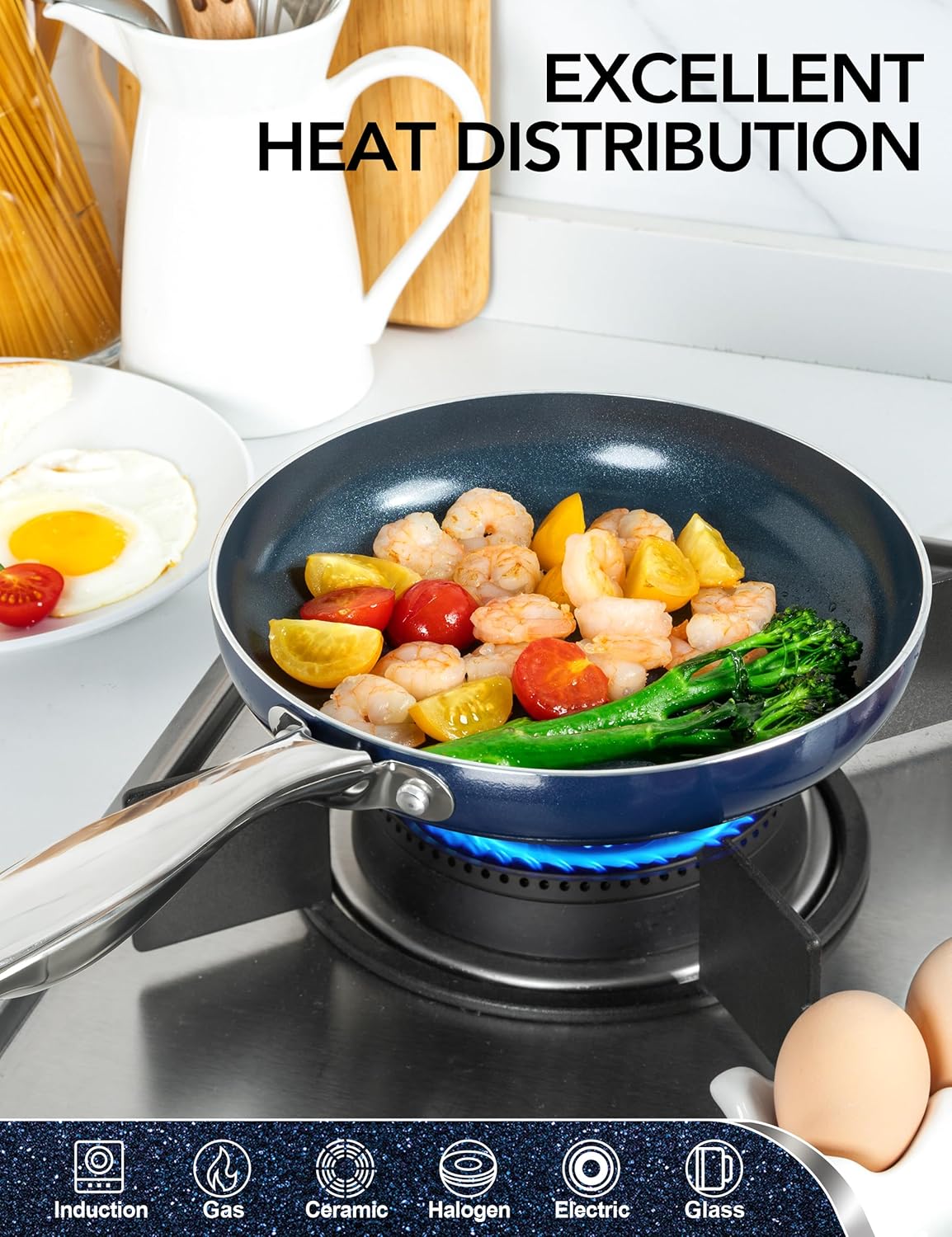 MICHELANGELO Small Frying Pan - 8 Inch Nonstick Frying Pan with Lid, Non-Toxic Omelette Pan with Stainless Handle, Nonstick Skillet, Blue-Ceramic