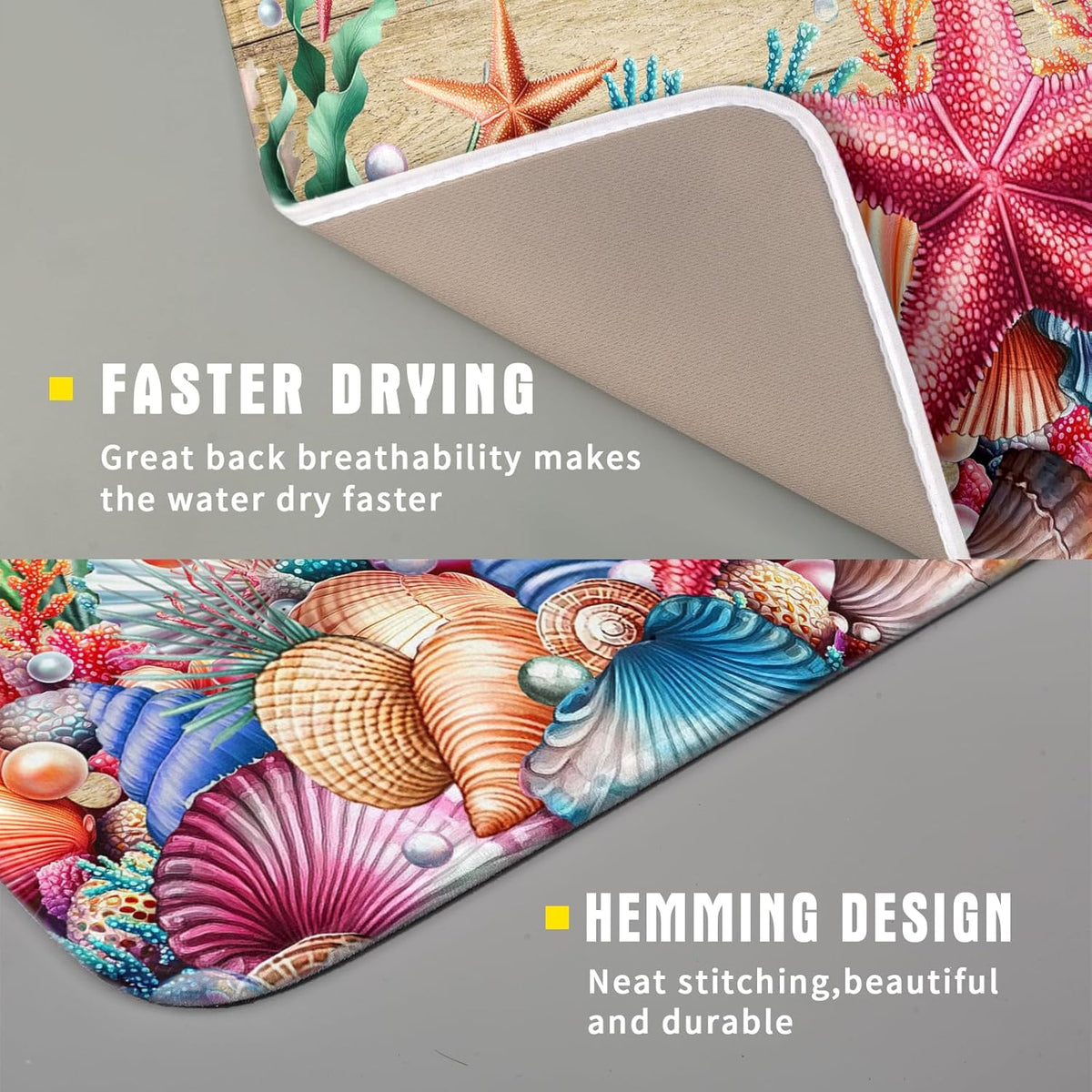 Summer Ocean Dish Drying Mat - Starfish Seashells Absorbent Kitchen Countertop Drying Pad 16 X 18 Inch