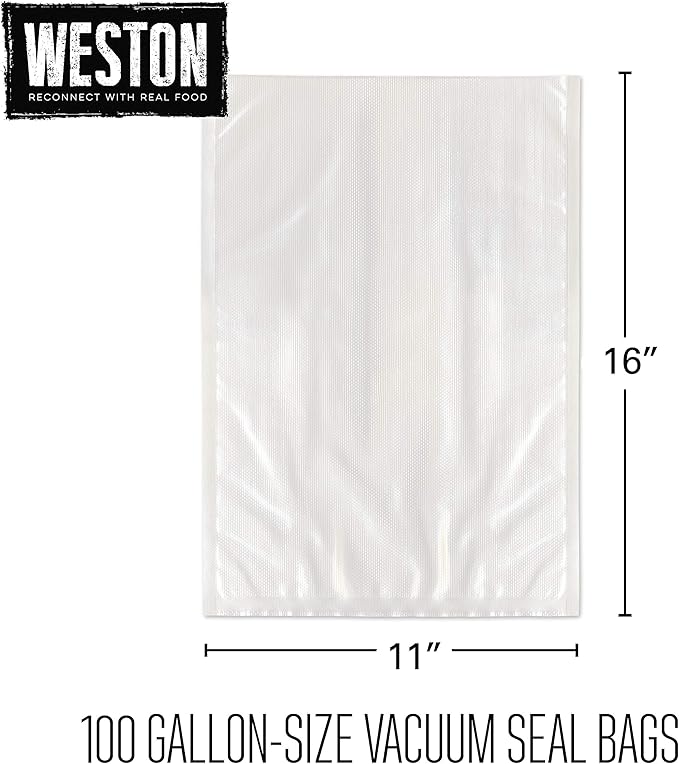 Weston Vacuum Sealer Bags, 2 Ply 3mm thick, for NutriFresh, FoodSaver & Other Heat-Seal Systems, for Meal Prep and Sous Vide, BPA Free, 11" x 16" (Gallon), 100 count, Clear
