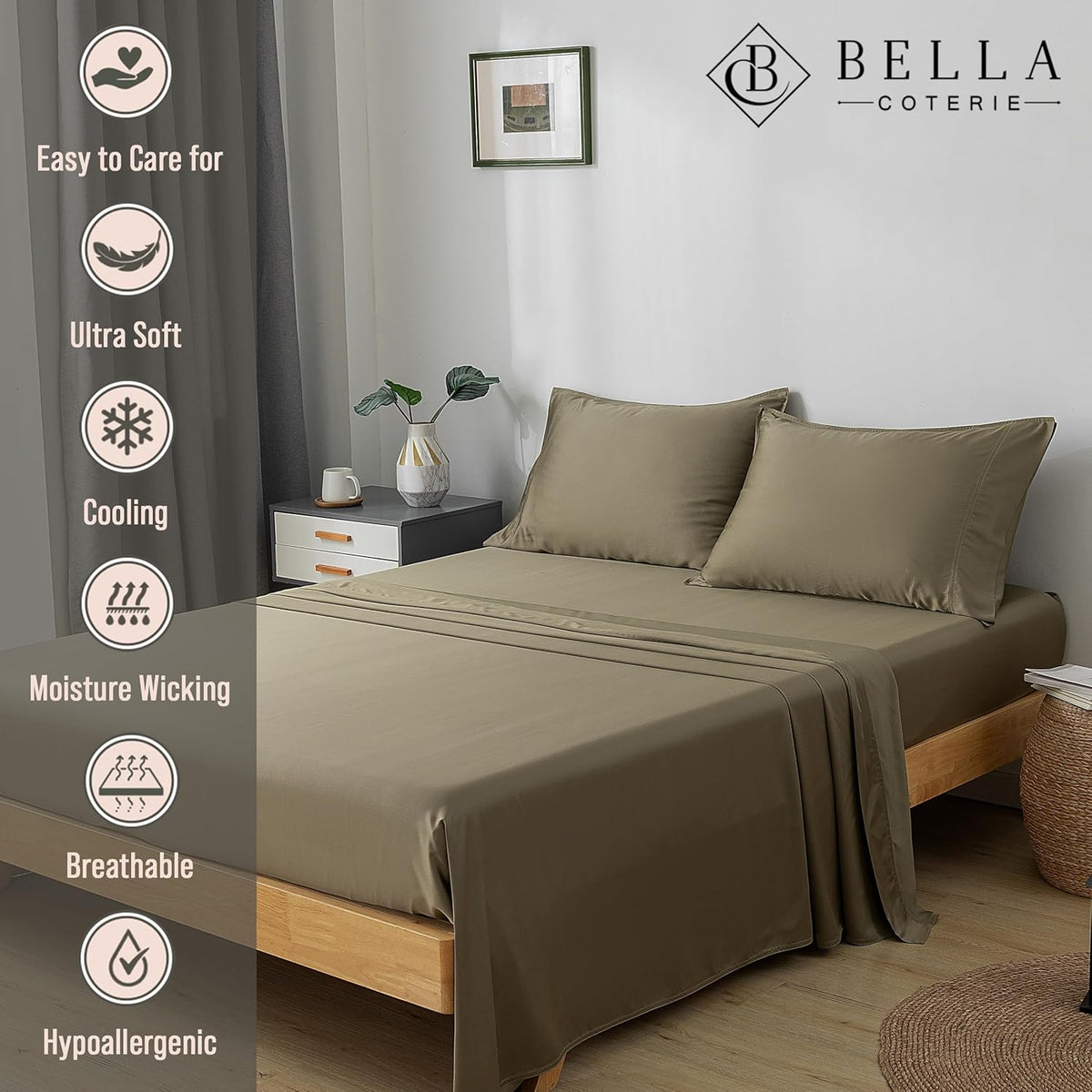 Bella Coterie Luxury Bamboo Viscose Cal King Size Sheet Set | 100% Organically Grown | Ultra Soft | Cooling for Hot Sleepers | 18" Deep Pocket [Olive]