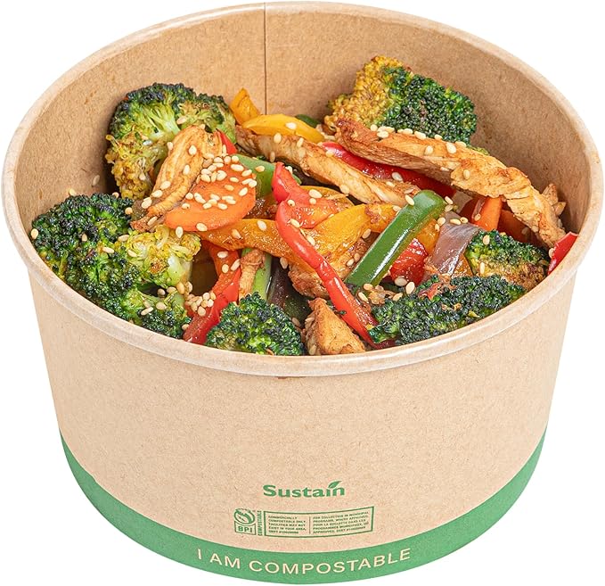 Restaurantware Compostable Paper Food Containers 200 Pack Of 34 oz BPI-Certified Round Kraft Salad Bowls Disposable Grease-Resistant Meal Prep Take Out Containers For Ice Creams, Soups, Snacks