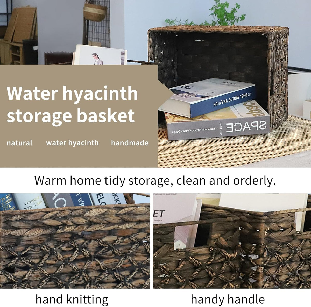 Rectangular Woven Water Hyacinth Basket,Dark Storage Basket With Inside Handle Shelves Kitchen Office Desk (Small)