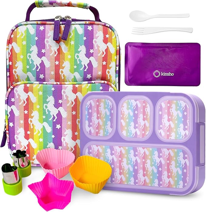 Bento Lunch Box with Insulated Bag, Ice Pack and Bento Accessories for Girls. Snack Containers with 4 Compartment Dividers for Toddlers Pre-School Daycare BPA Free Set, Utensils, Rainbow Unicorn