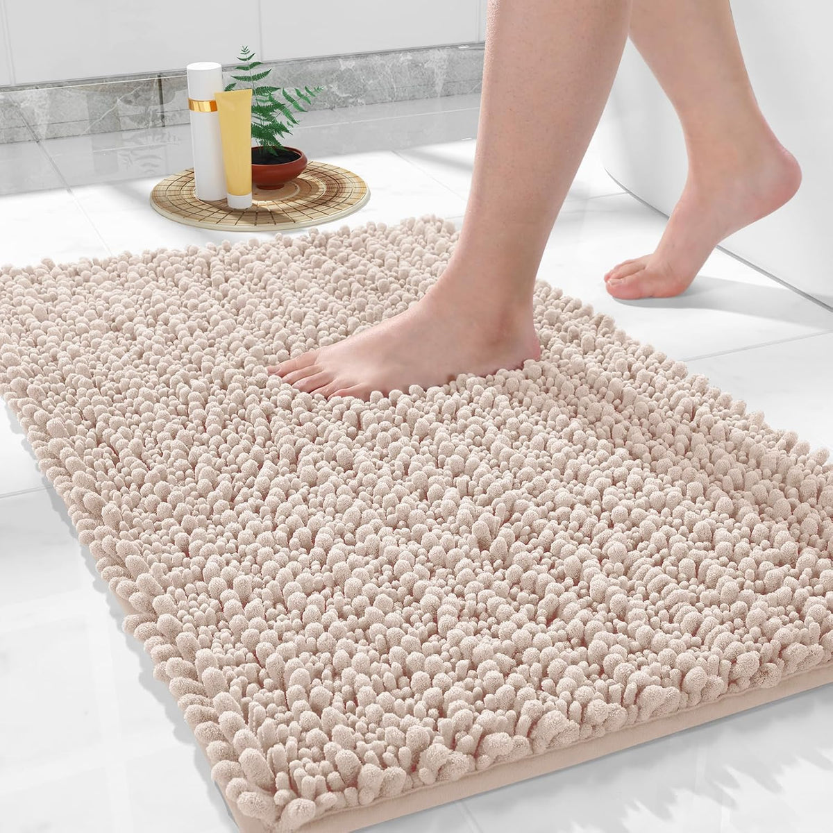 Yimobra Bathroom Rugs Non Slip Washable 24x17 Inch - Ultra Soft Absorbent Chenille Bath Mat, Quick Dry Shaggy Floor Carpet for Tub Shower, Pinkish Beige Home Decor Accessories
