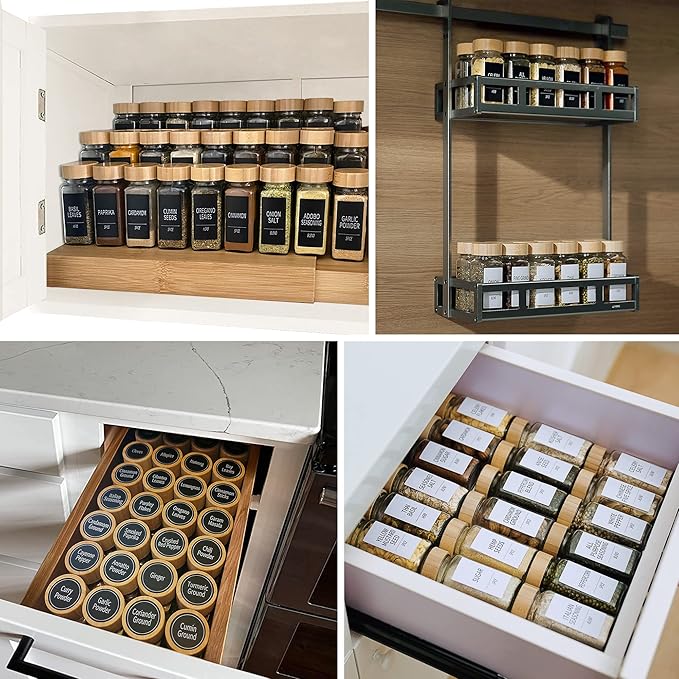Churboro 48 Spice Jars with Labels- Spice Jars with Bamboo Lids - 4 Oz Glass Spice Containers with Shaker Lids, 547 Spice Labels of 3 Different Types Seasoning Jars for Spice Rack, Cabinet, or Drawer