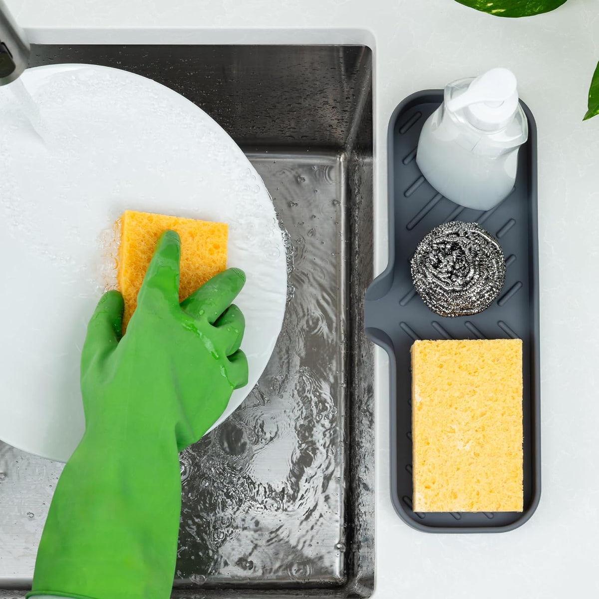 Zulay Kitchen Large Silicone Sponge Holder (12x4) – Flexible Sink Organizer Tray for Kitchen & Bathroom – Multipurpose Soap Dish for Sponges, Makeup, Trinkets & More (Grey)
