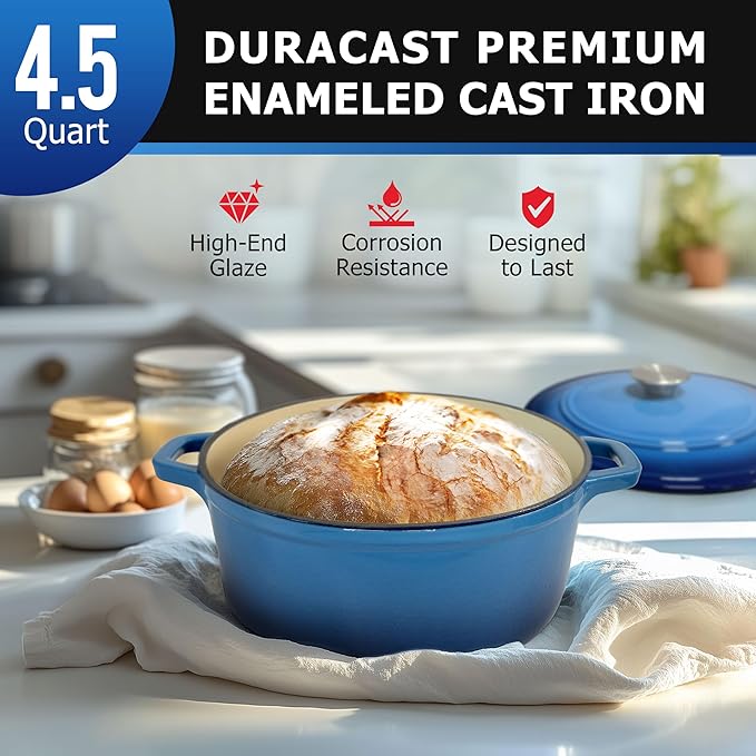 MUELLER HOME 4.5 QT Enameled Cast Iron Dutch Oven, Heavy-Duty Casserole Dish and Braiser Pan with Lid and Stainless Knob, Oven-Safe up to 500° F & Across All Cooktops, Aqua Blue