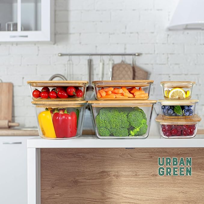 Glass Containers with Bamboo Lids for Food Storage and Meal Prep, Set of 5