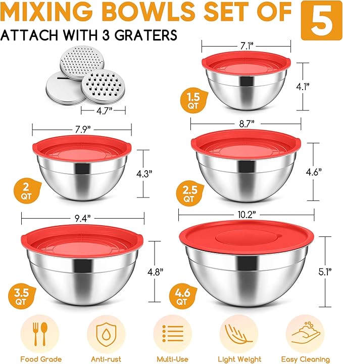 Herogo 5-Piece Mixing Bowls with Airtight Lids, 3 Grater Attachments, Stainless Steel Salad Serving Bowls for Kitchen, Size 4.6, 3.5, 2.5, 2, 1.5QT Ideal for Prepping & Cooking, Red