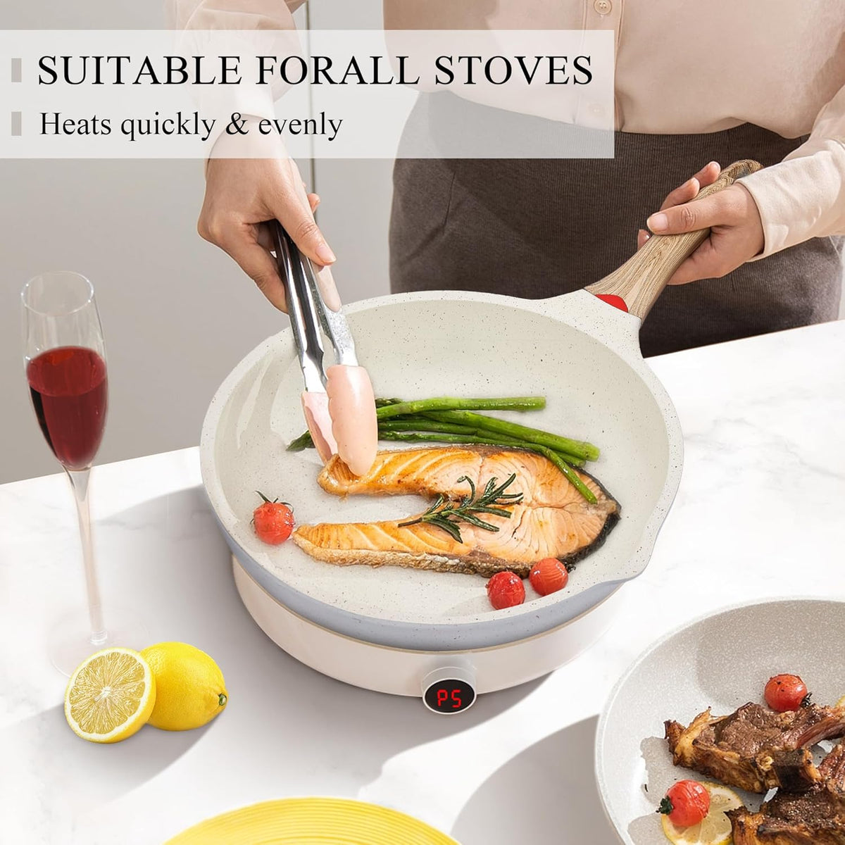 Vinchef Nonstick Deep Frying Pan, Saute Pan with Lid, 11"/5Qt, German 3C+ Ceramic Coating, Induction Compatible, White Color, Cookware for Kitchen