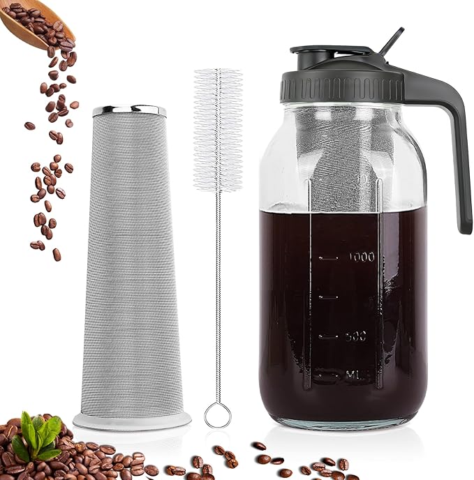 Cold Brew Coffee Maker,64 oz Mason Jar Pitcher with Stainless Steel Filter, Pour Spout Handle Lid, Heavy Duty Glass Airtight & Leak-Proof for Iced Coffee,Tea & Lemonade