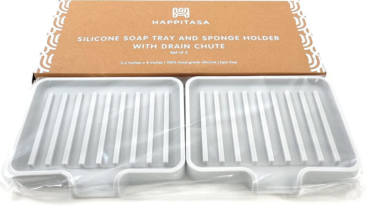 Happitasa Silicone Soap Dish Tray and Sponge Holder with Drain Chute, Pack of 2 | Bathroom and Kitchen Sink Organizer Caddy (Light Grey, 5.2"x4", 7.2 Ounces)