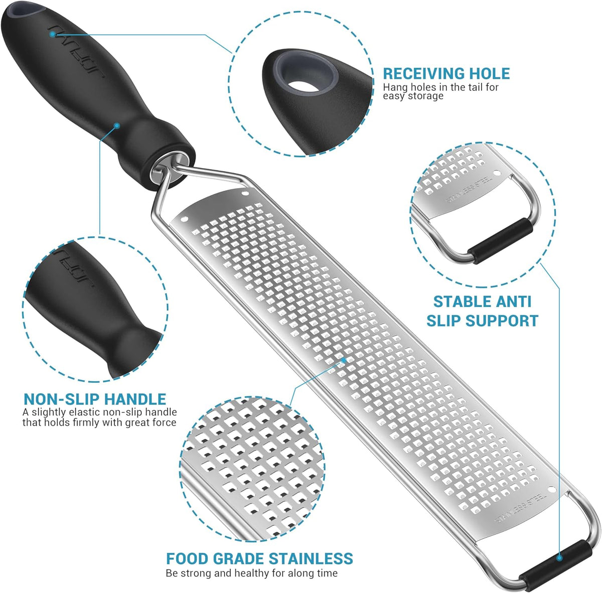 Premium Lemon Zester Grater with Handle, Ultra Sharp Stainless Steel Blade for Cheese, Citrus, Ginger, Garlic & Chocolate, Non-Slip Grip, Safety Cover & Cleaning Brush