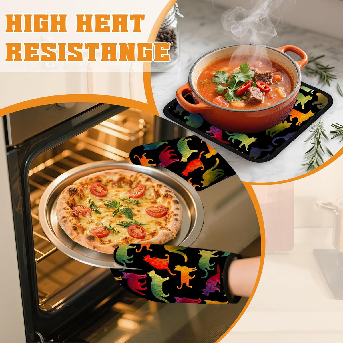 Funny Colorful Cat Oven Mitts and Pot Holders Set,Kitchen Decor Heat Resistant Non Slip Hot Pads and Oven Mitt for Chef Cooking Baking BBQ Mom Girl Gifts(4 Piece Set)
