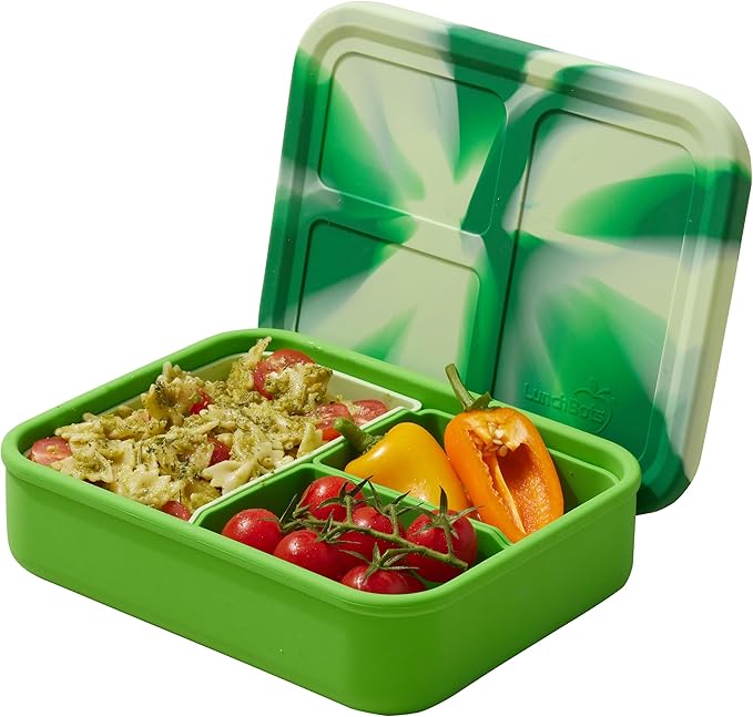 LunchBots Build -a- Bento Lunch Box, Silicone Bento Box for Kids, Multi-Compartment Lunch Container, Oven & Dishwasher Safe, BPA Free, 32 oz - Tie Dye Green