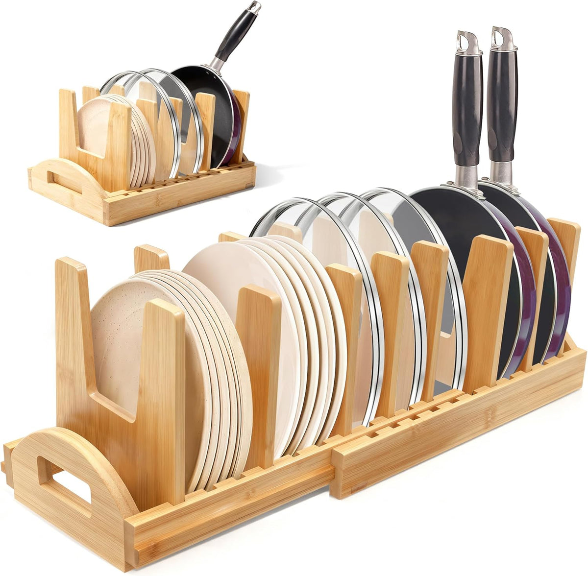 Pots and Pans Organizer Rack for Cabinet, Bamboo Expandable Pot Lid Organizer Holder with 10 Adjustable Compartment, Kitchen Cabinet Organizer for Lids & Bakeware - Pantry & Countertop Storage Rack