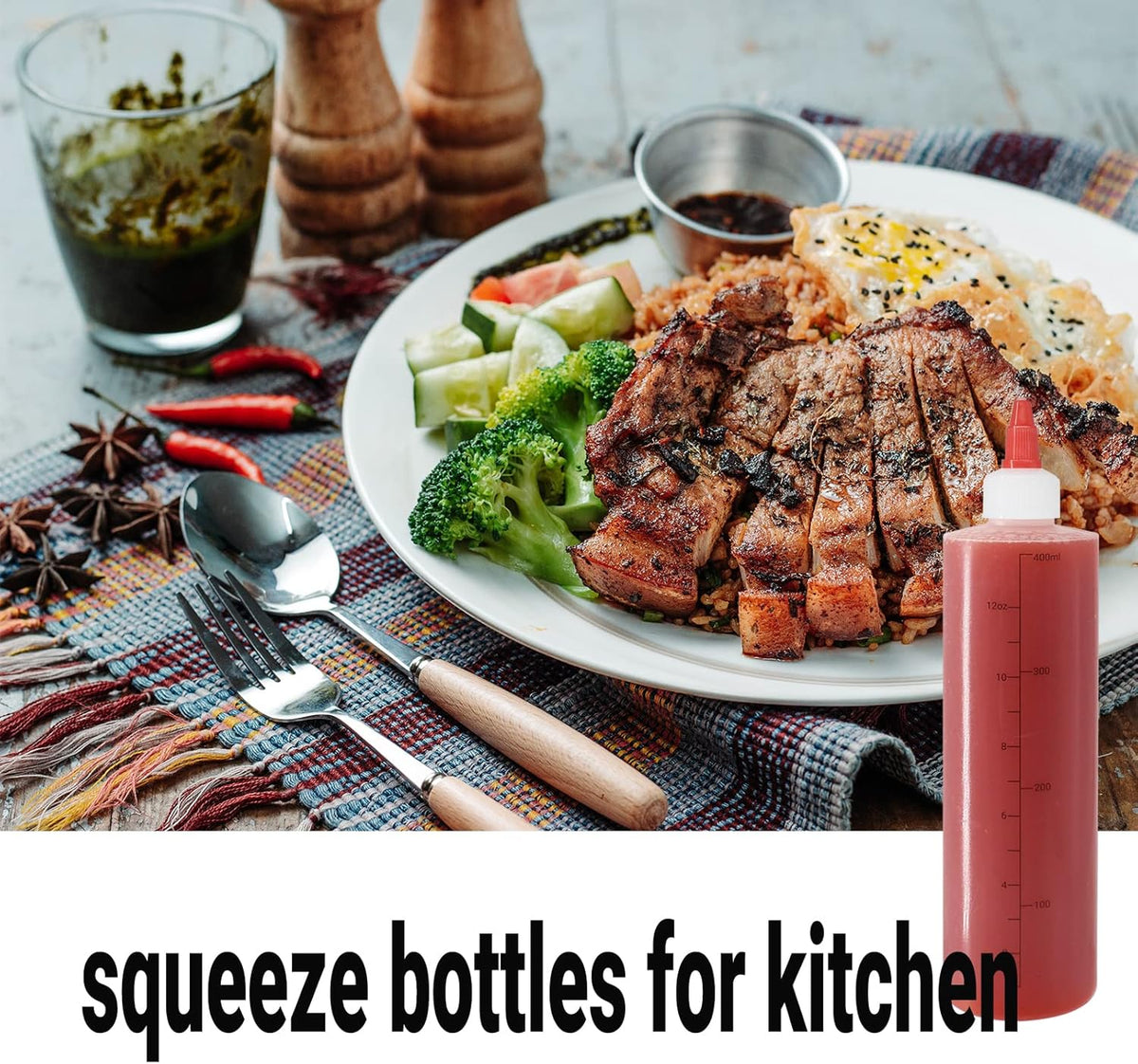 6 Pack 12 oz Graduated Plastic Squeeze Squirt Condiment Bottles with Red Twist On Cap Lids - for Condiments, Oil, Icing, Liquids–with Extra 1 Silicone Funnel, 18 Chalk Labels and 1 Pen