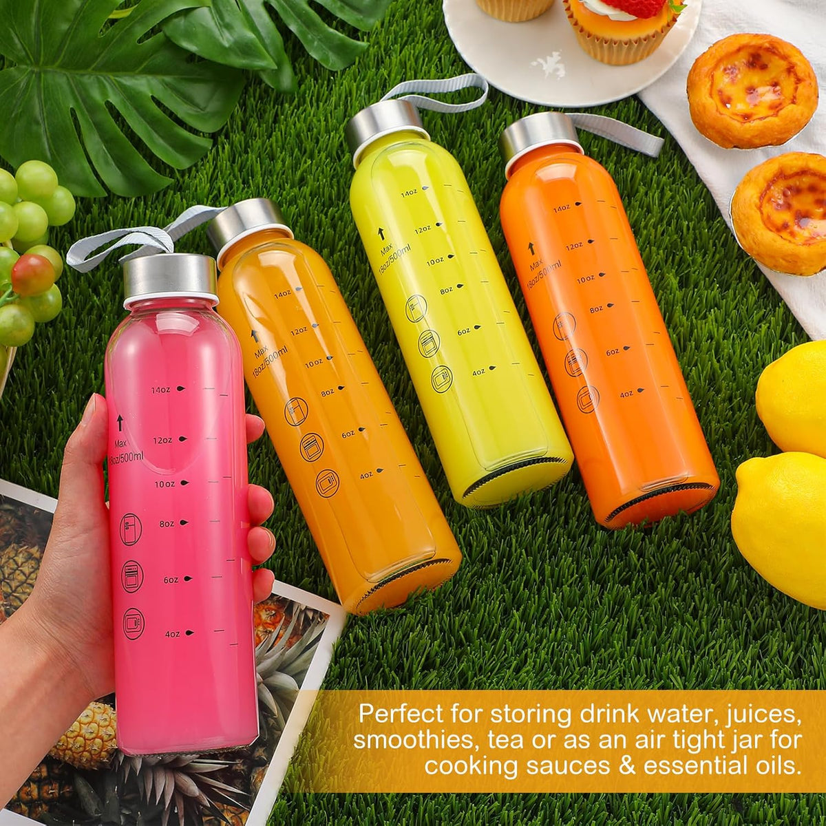 Vesici 6 Pack 18 oz Glass Water Bottles with Lids Clear Reusable Juicing Storage Container with Scale Mark and Stainless Steel Lids and Cleaning Brush for Milk Beverage Refrigerator Travel Leakproof