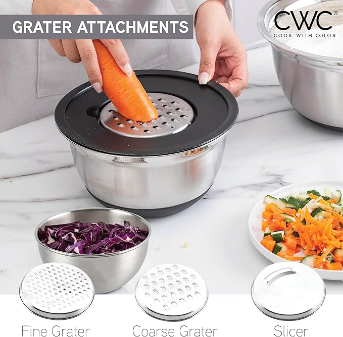 COOK WITH COLOR Stainless Steel Mixing Bowls Set with Lids - Nesting Bowls with Non-Slip Bottom, Silver, 22 Pieces