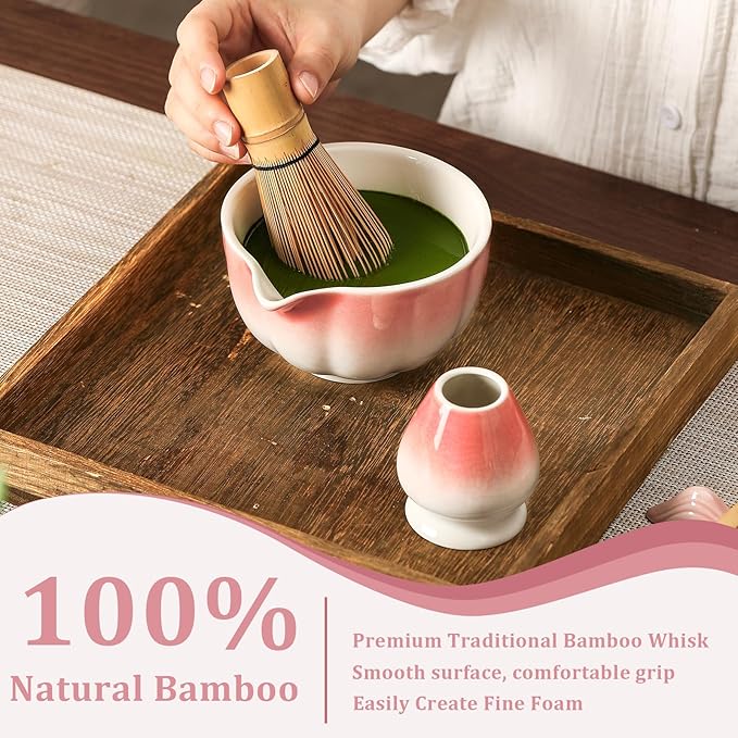 Matcha Whisk Set, 7-Pack Peach Pink Matcha Set - Include Petal Matcha Bowl with Spout, Bamboo Whisk, Chasen Holder, Sifter, Scoop, Tea Towel, Scoop Rest - Perfect Matcha Making Kit for Tea Lover