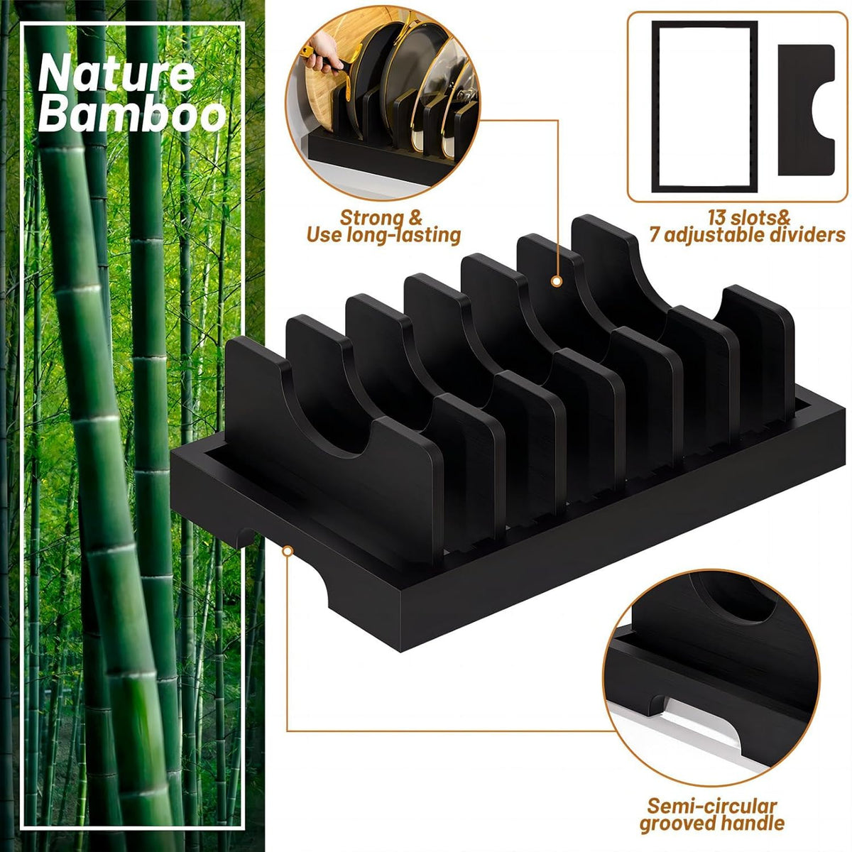 Bamboo Pot and Pan Organizer, Pot Lid Organizer Holder Rack for Countertop Drawer, Kitchen Cabinet Organizer with 7 Adjustable Dividers for Pots, Pans, Baking Sheets, Cutting Boards, Black