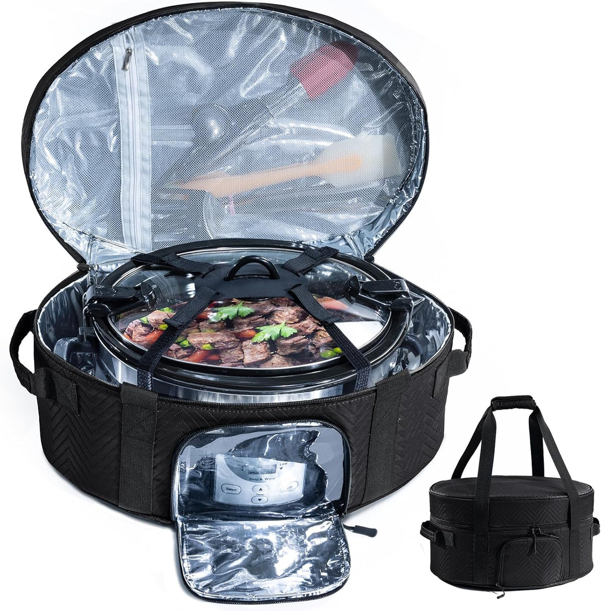 Insulated Slow Cooker Carrying Bag for 6-8 Quart CrockPot and Hamilton Beach Slow Cooker with See-thought Window, Portable Carrier Case with Adjustable Band and Accessory Pocket