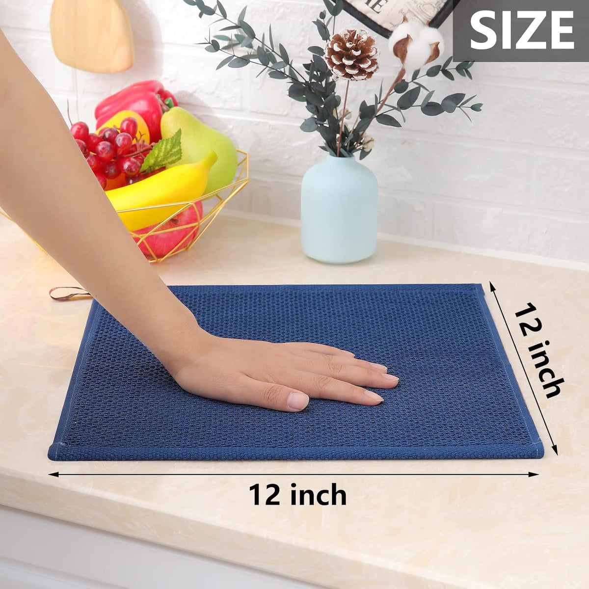 Homaxy 100% Cotton Waffle Weave Kitchen Dish Cloths, Ultra Soft Absorbent Quick Drying Dish Towels, 12 x 12 Inches, 12-Pack, Navy Blue