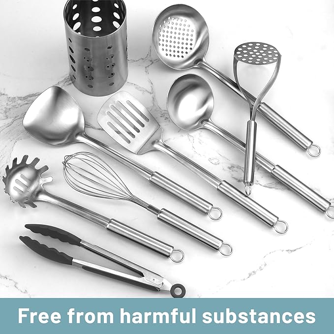Pleafind Stainless Steel Cooking Utensils Set, 9 Pcs Heat Resistant Kitchen Utensils Set, Nonstick Kitchen Tools Set With Utensil Holder, Metal Spatula Set for Chef, Dishwasher Safe