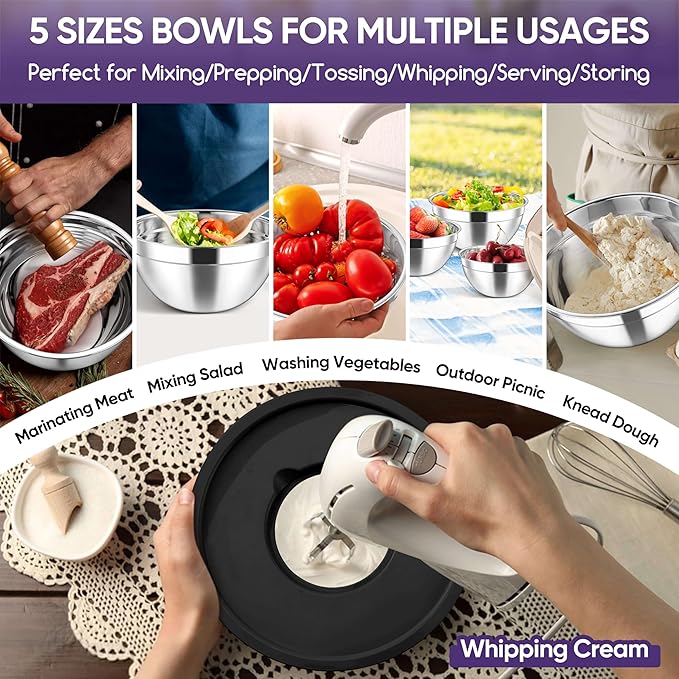 Herogo 5-Piece Mixing Bowls with Airtight Lids, 3 Grater Attachments, Stainless Steel Salad Serving Bowls for Kitchen, Size 4.6, 3.5, 2.5, 2, 1.5QT Ideal for Prepping & Cooking, Black